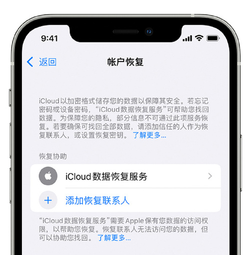 鄂城苹果手机维修分享在 iPhone 上设置帐户恢复联系人的方法 