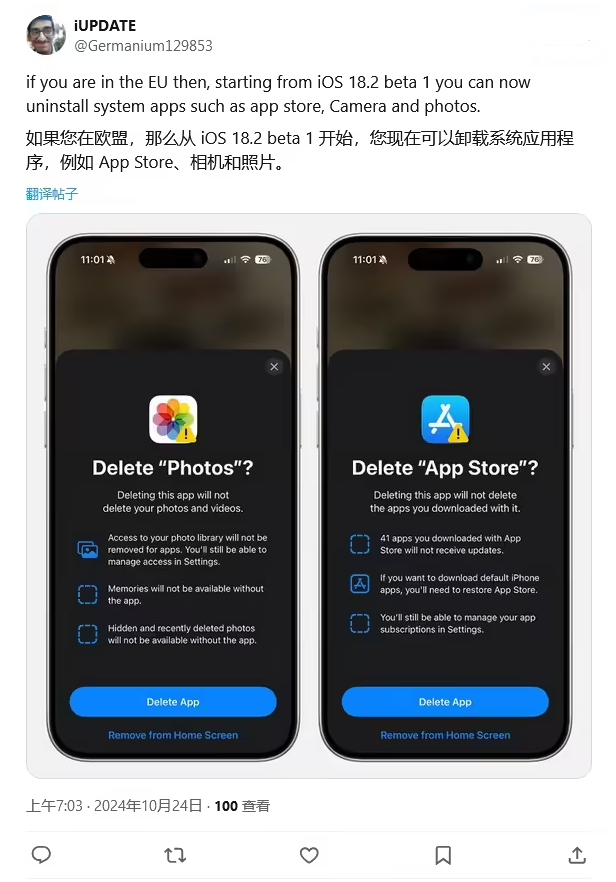 鄂城苹果手机维修分享iOS 18.2 支持删除 App Store 应用商店 